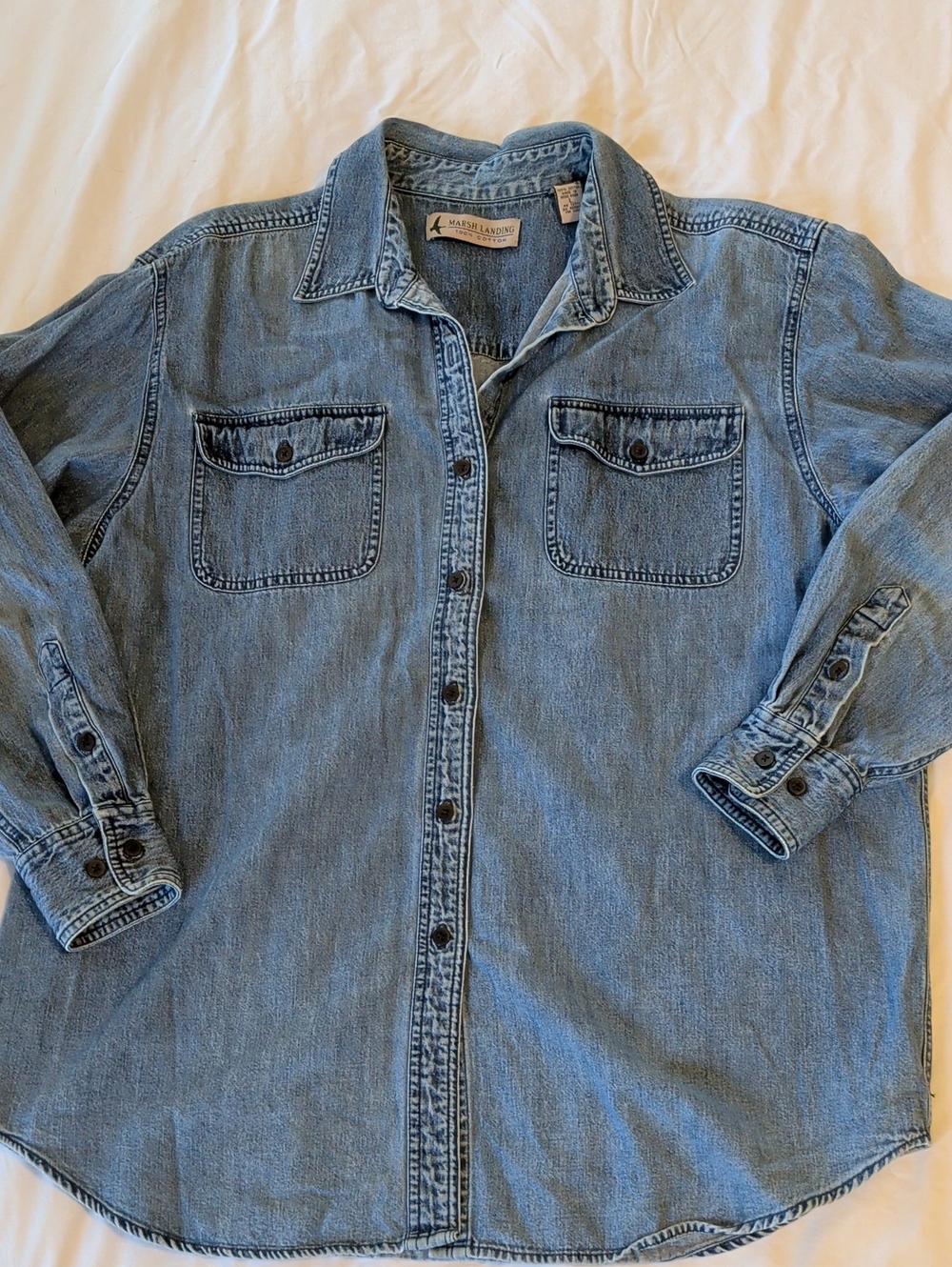 Vintage Marsh Landing Light Blue Long Sleeve Denim Shirt - Size Large